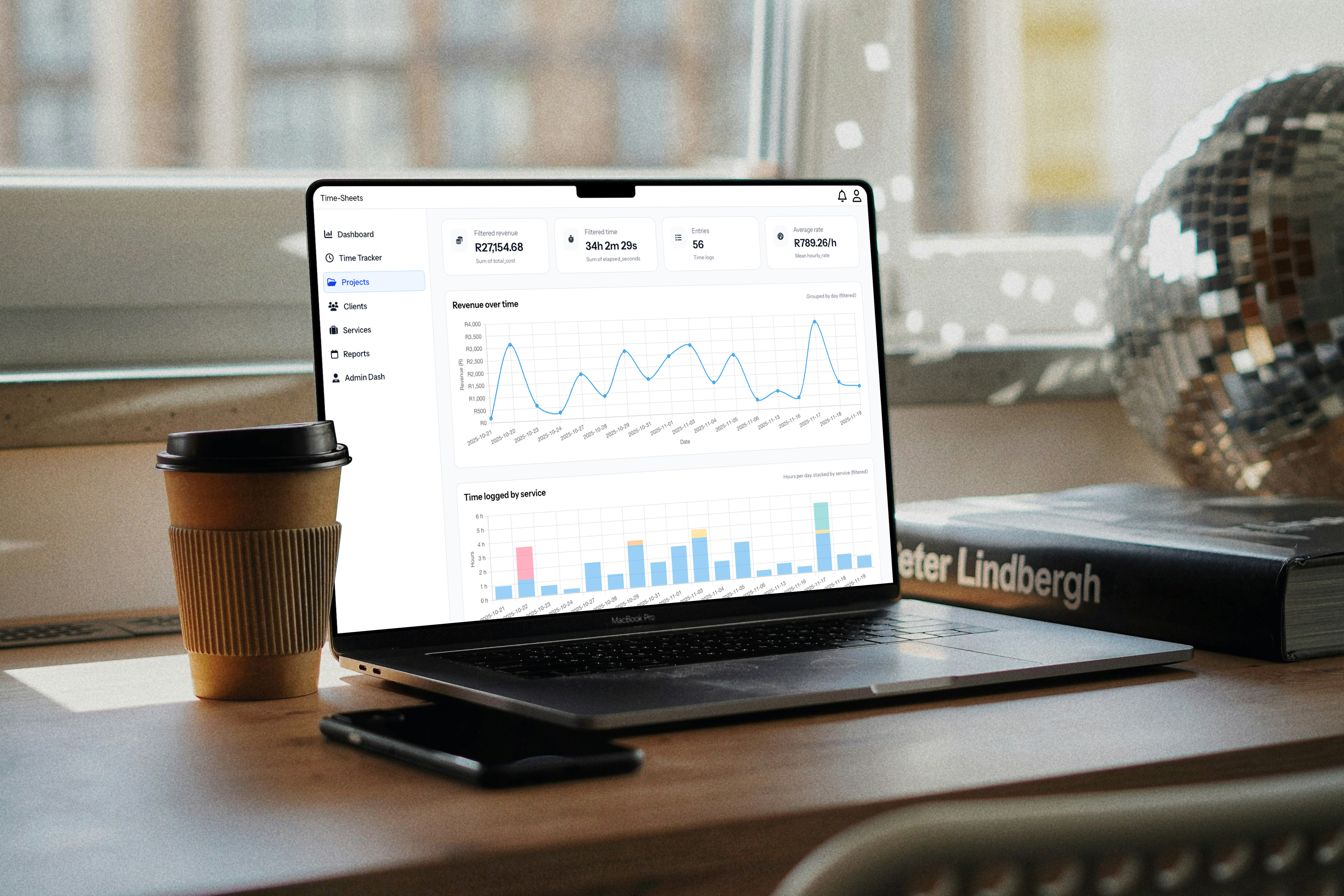 mockup of timesheets dashboard on macbook pro